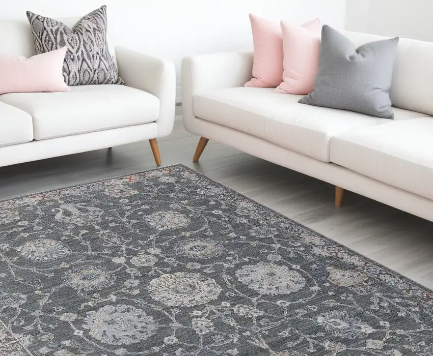 Gray and Ivory Floral Power Loom Area Rug Photo 1