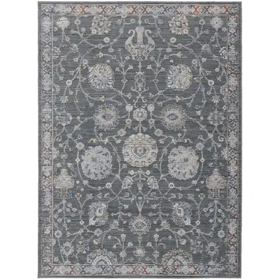 Gray Ivory And Red Floral Power Loom Area Rug Photo 1