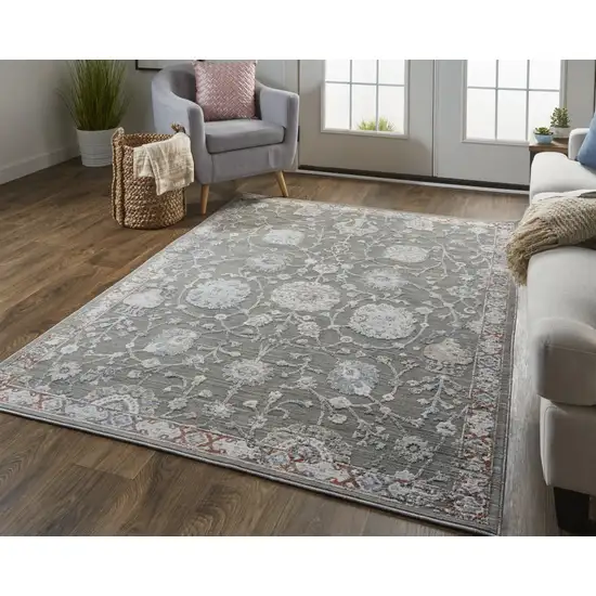Gray Ivory And Red Floral Power Loom Area Rug Photo 6