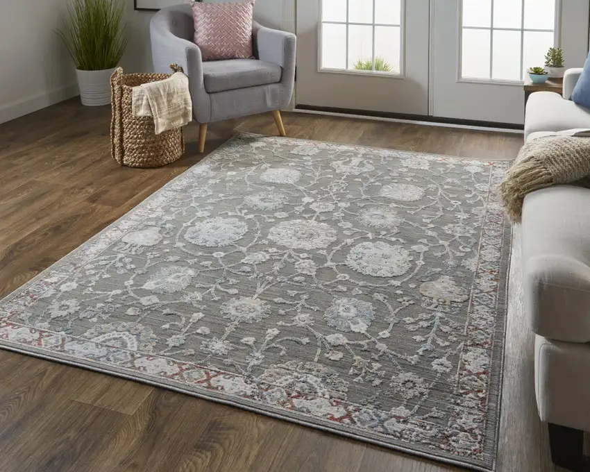 Gray Ivory And Red Floral Power Loom Area Rug Photo 6