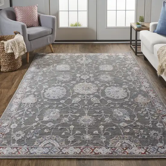 Gray Ivory And Red Floral Power Loom Area Rug Photo 7