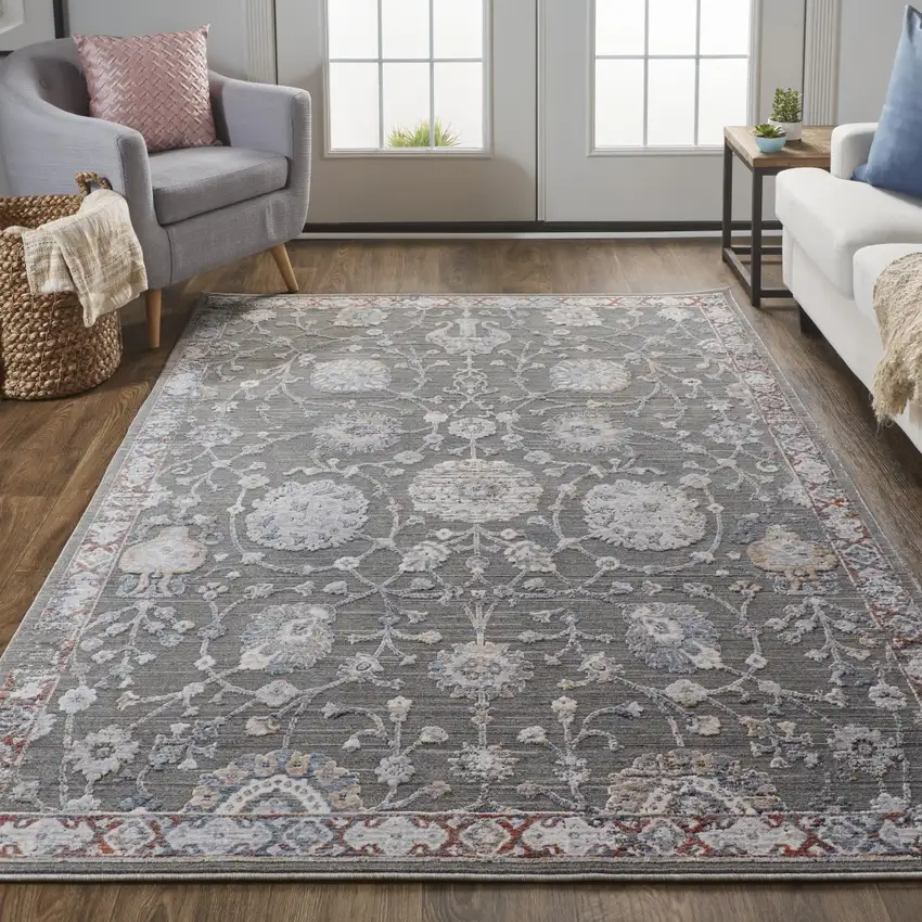 Gray Ivory And Red Floral Power Loom Area Rug Photo 7