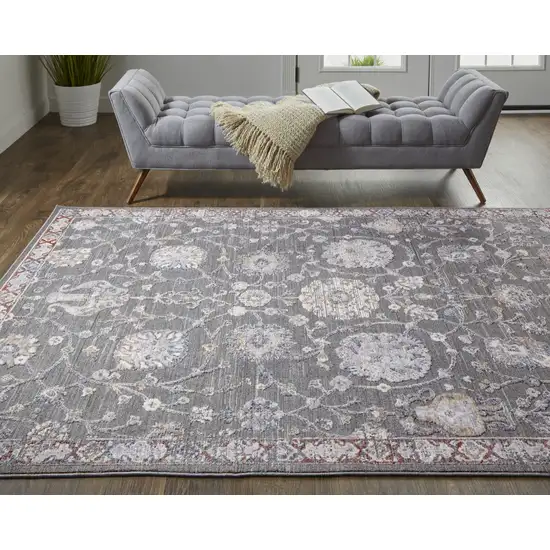 Gray Ivory And Red Floral Power Loom Area Rug Photo 8