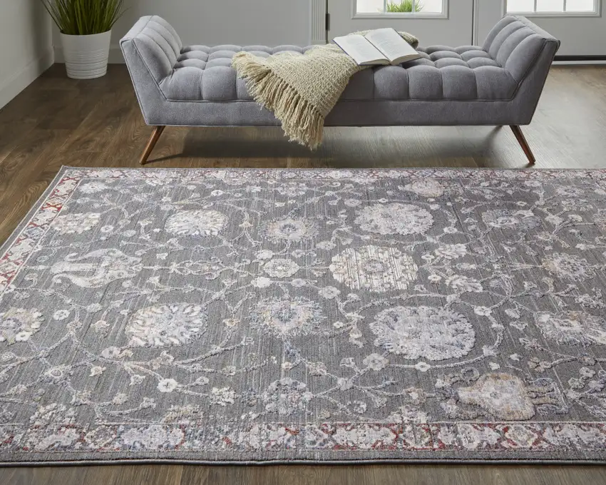 Gray Ivory And Red Floral Power Loom Area Rug Photo 8