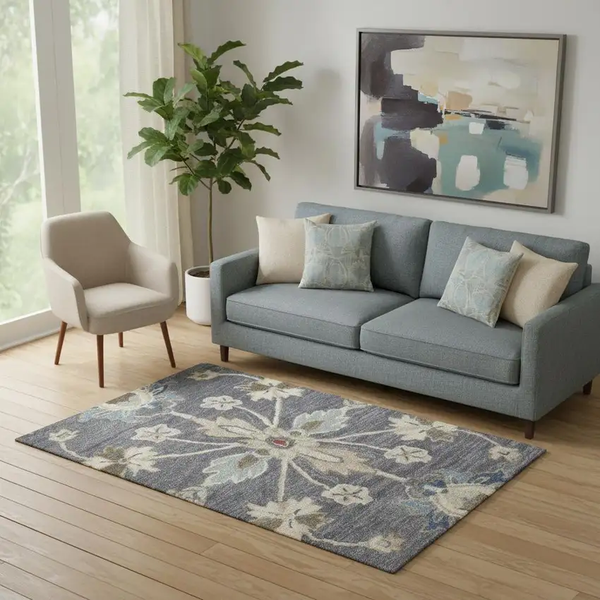 Gray and Ivory Wool Floral Shag Hand Tufted Area Rug Photo 1