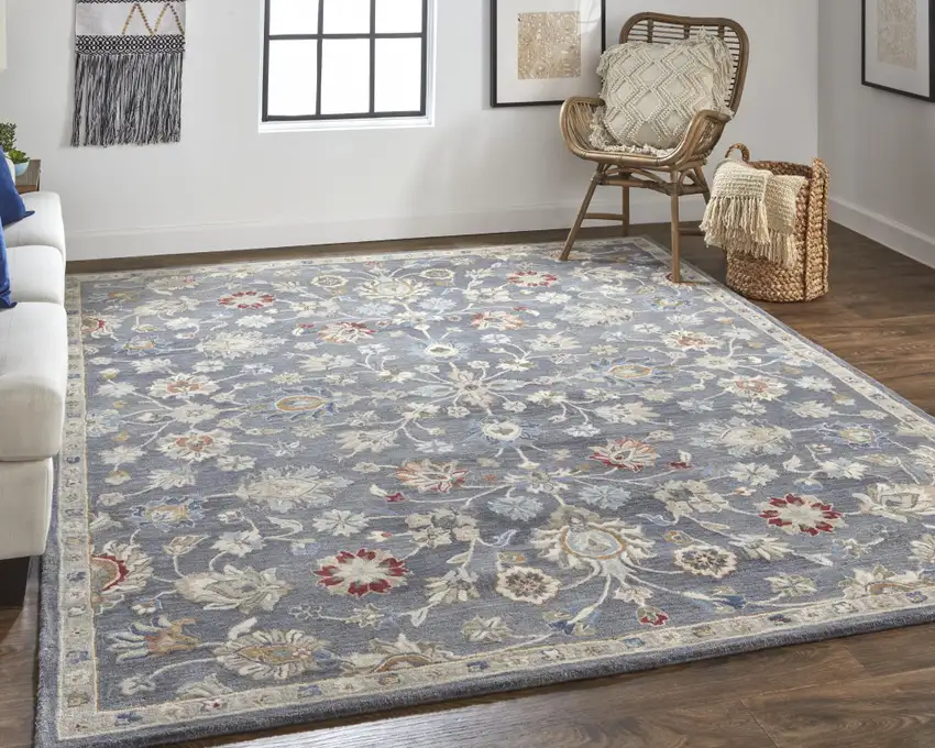Gray Ivory And Red Wool Floral Tufted Handmade Stain Resistant Area Rug Photo 7