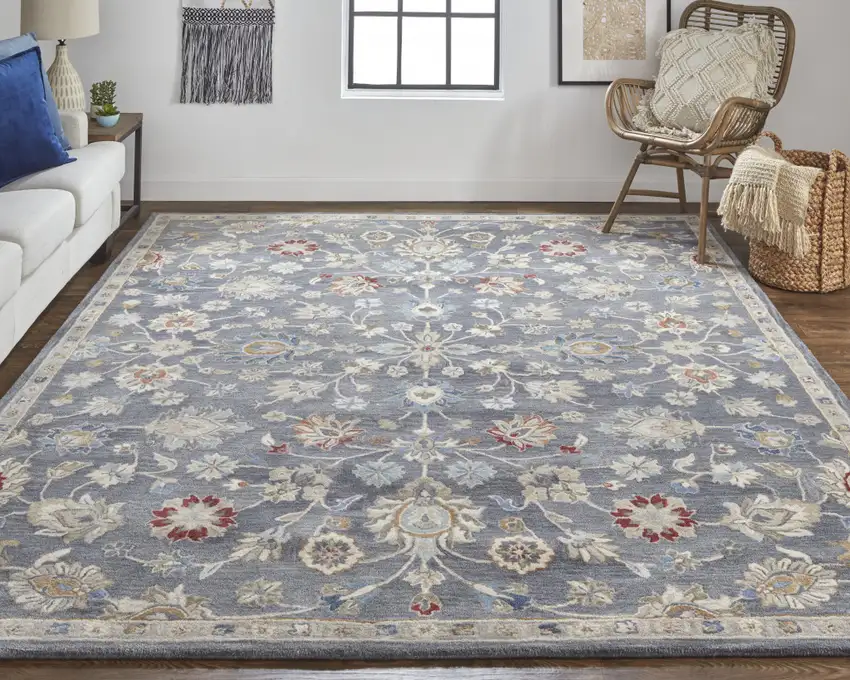 Gray Ivory And Red Wool Floral Tufted Handmade Stain Resistant Area Rug Photo 6