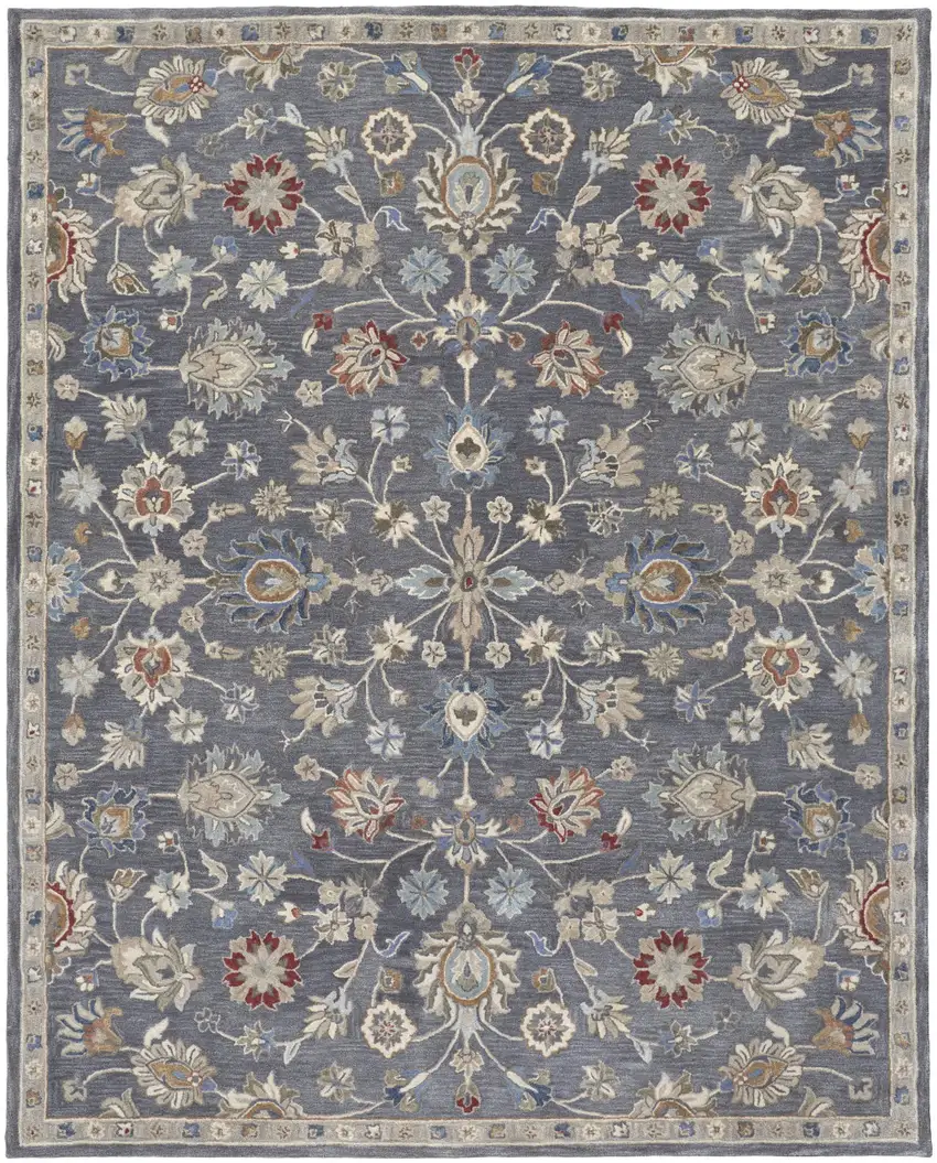 Gray Ivory And Red Wool Floral Tufted Handmade Stain Resistant Area Rug Photo 1