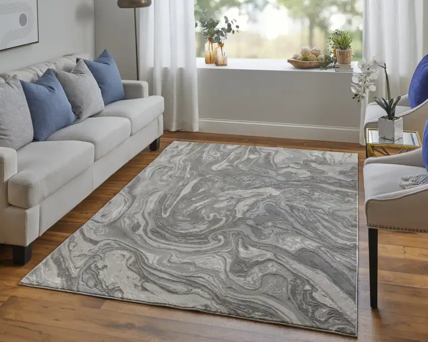 Gray Ivory And Silver Abstract Stain Resistant Area Rug Photo 7