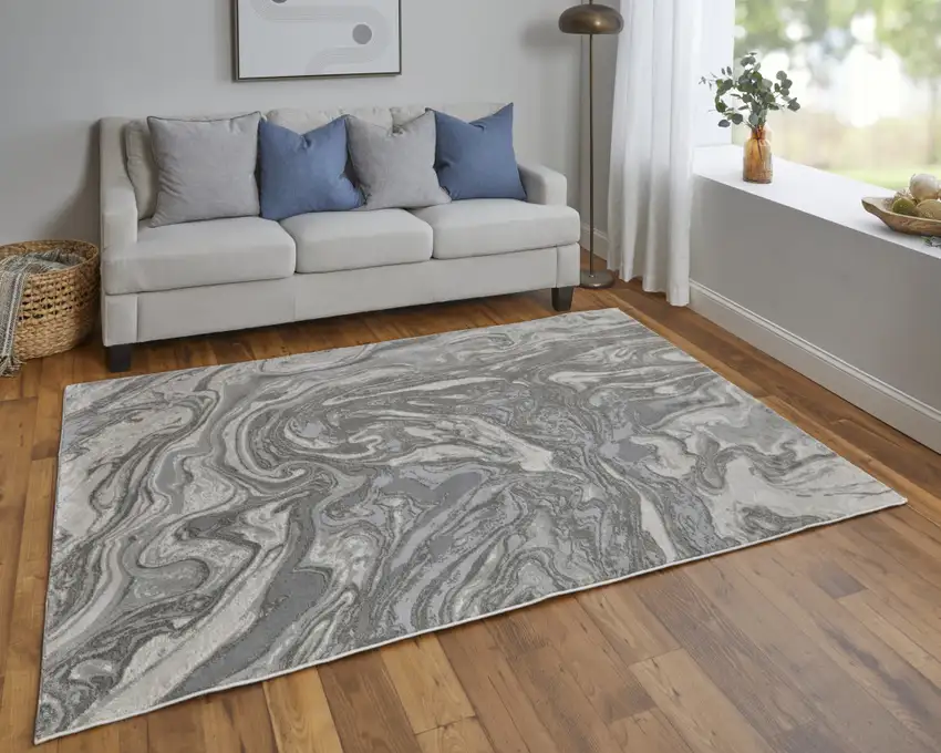 Gray Ivory And Silver Abstract Stain Resistant Area Rug Photo 8