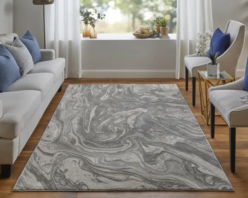 Gray Ivory And Silver Abstract Stain Resistant Area Rug Photo 6