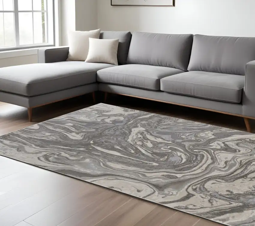 Gray Ivory And Silver Abstract Stain Resistant Area Rug Photo 1