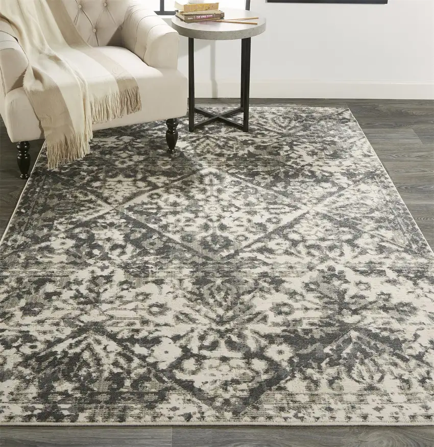 Gray Ivory And Silver Abstract Stain Resistant Area Rug Photo 6