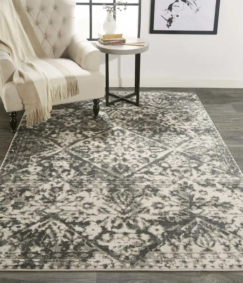 Gray Ivory And Silver Abstract Stain Resistant Area Rug Photo 8