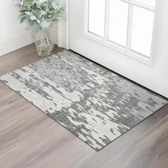Gray Ivory And Silver Abstract Washable Area Rug With UV Protection Photo 2
