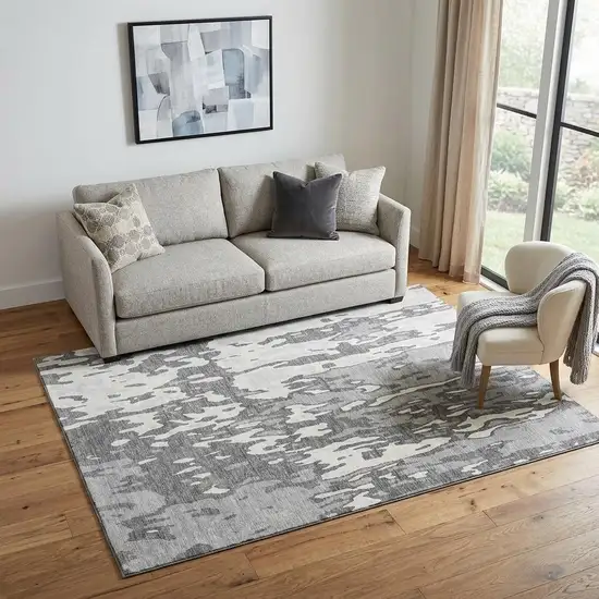 Gray Ivory And Silver Abstract Washable Area Rug With UV Protection Photo 1