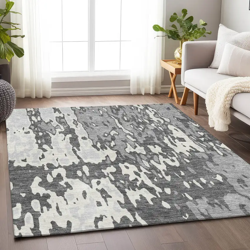 Gray Ivory And Silver Abstract Washable Area Rug With UV Protection Photo 4