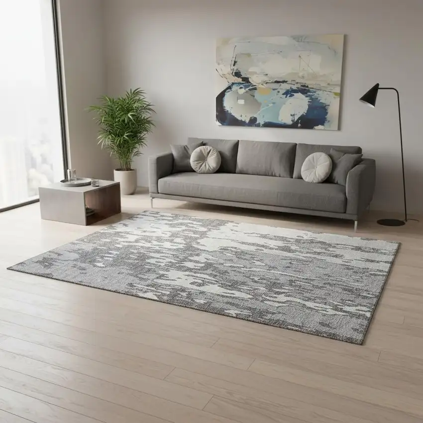 Gray Ivory And Silver Abstract Washable Area Rug With UV Protection Photo 2