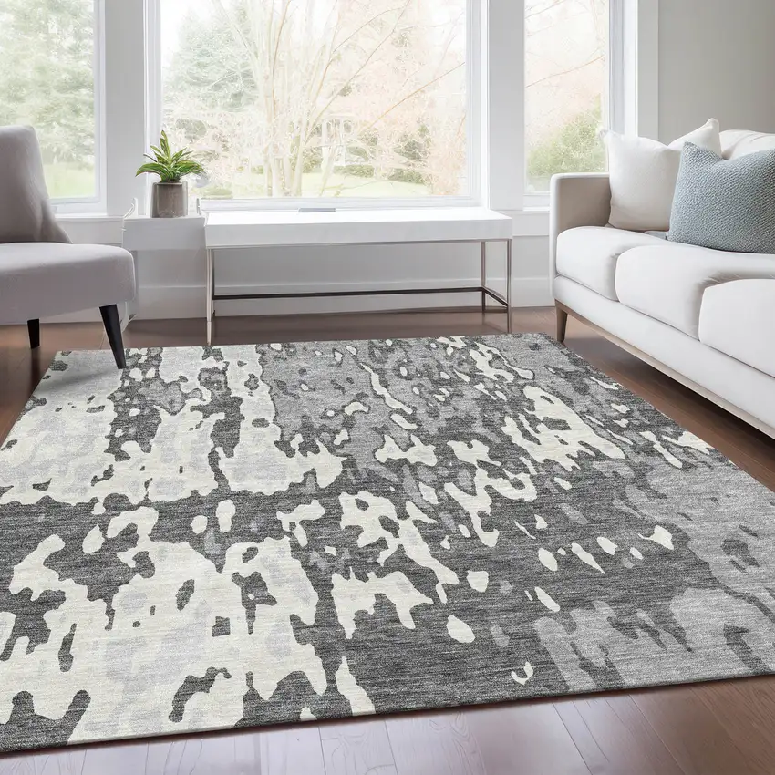 Gray Ivory And Silver Abstract Washable Area Rug With UV Protection Photo 5