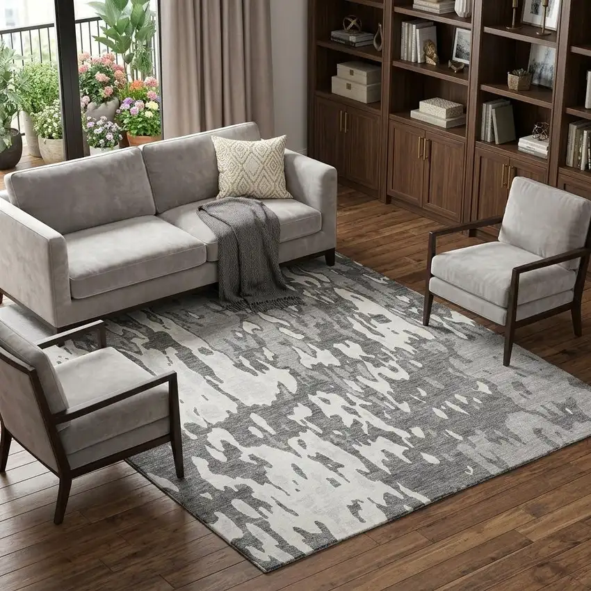 Gray Ivory And Silver Abstract Washable Area Rug With UV Protection Photo 1