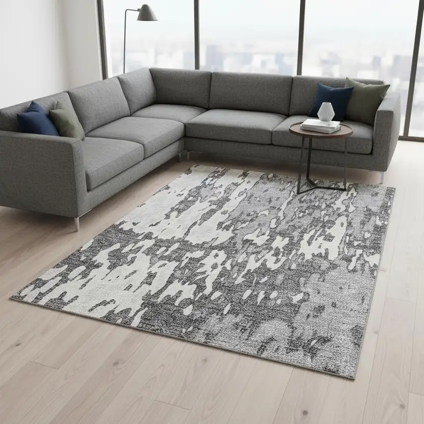Gray Ivory And Silver Abstract Washable Area Rug With UV Protection Photo 2