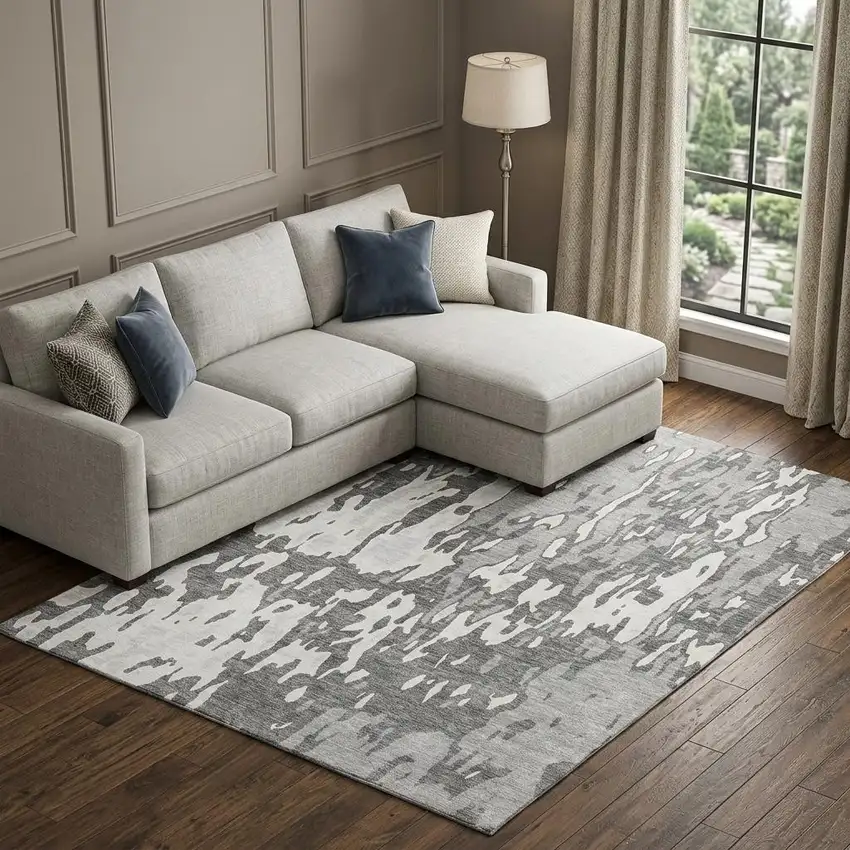 Gray Ivory And Silver Abstract Washable Area Rug With UV Protection Photo 1