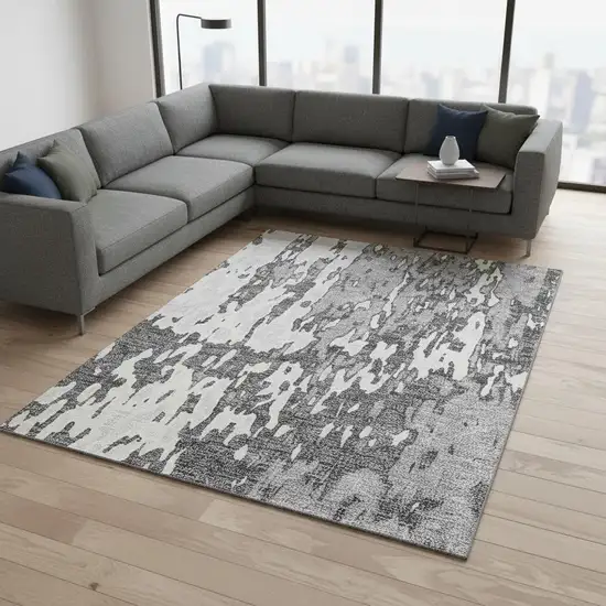 Gray Ivory And Silver Abstract Washable Area Rug With UV Protection Photo 1