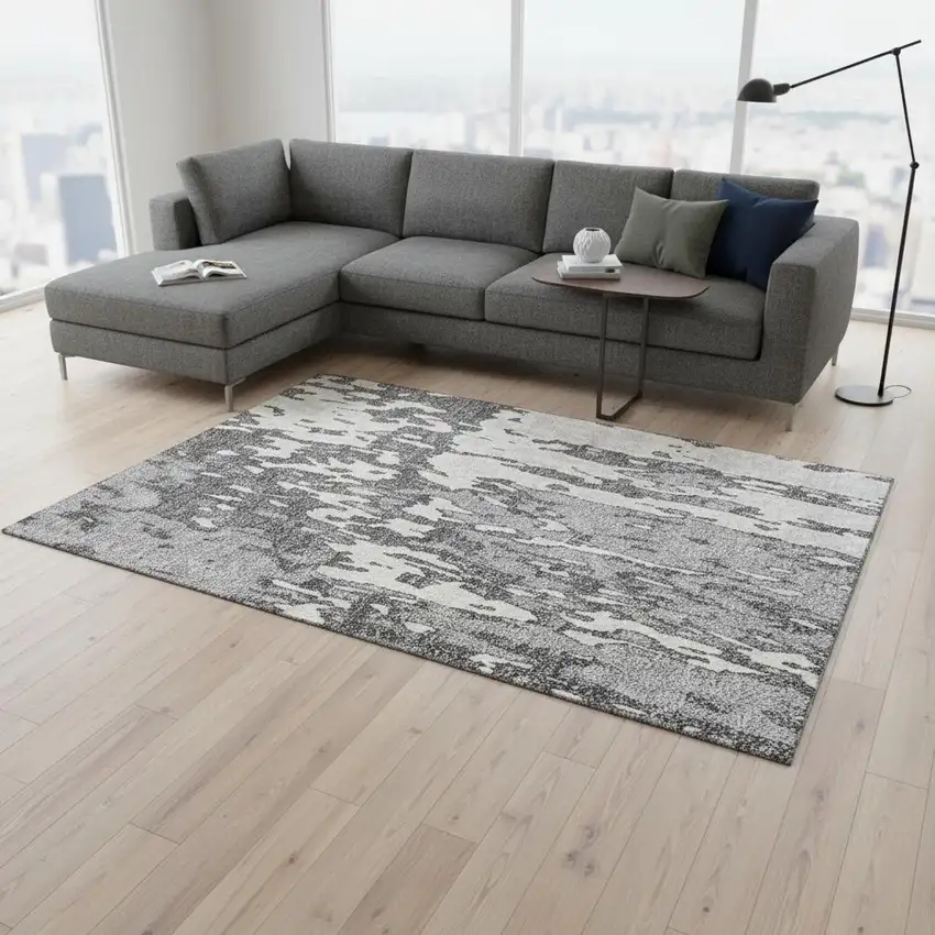 Gray Ivory And Silver Abstract Washable Area Rug With UV Protection Photo 2