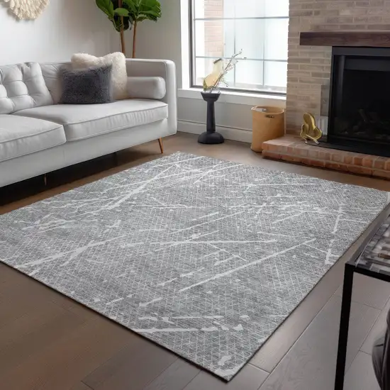 Gray Ivory And Silver Abstract Washable Indoor Outdoor Area Rug Photo 7