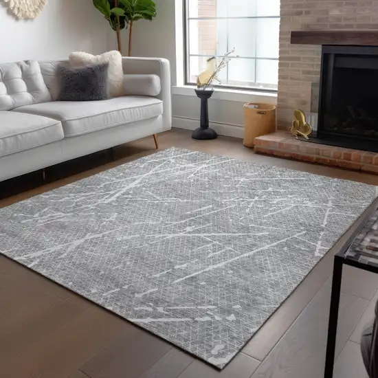 Gray Ivory And Silver Abstract Washable Indoor Outdoor Area Rug Photo 7