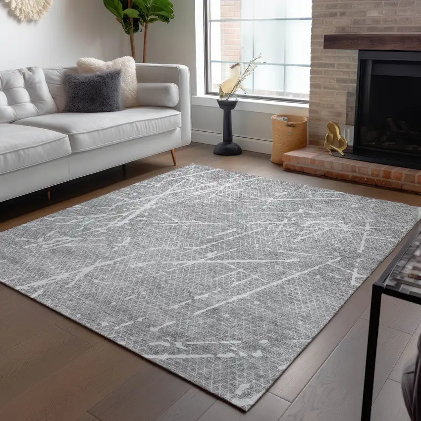 Gray Ivory And Silver Abstract Washable Indoor Outdoor Area Rug Photo 7