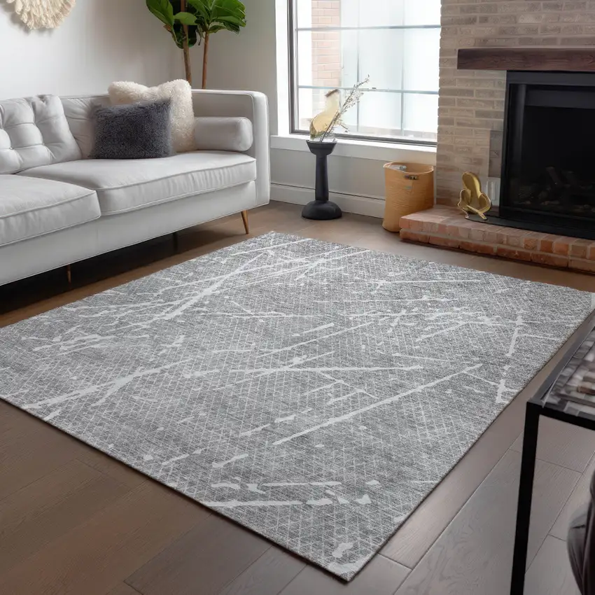Gray Ivory And Silver Abstract Washable Indoor Outdoor Area Rug Photo 7