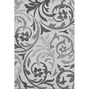 Photo of Gray Ivory And Silver Floral Washable Area Rug With UV Protection