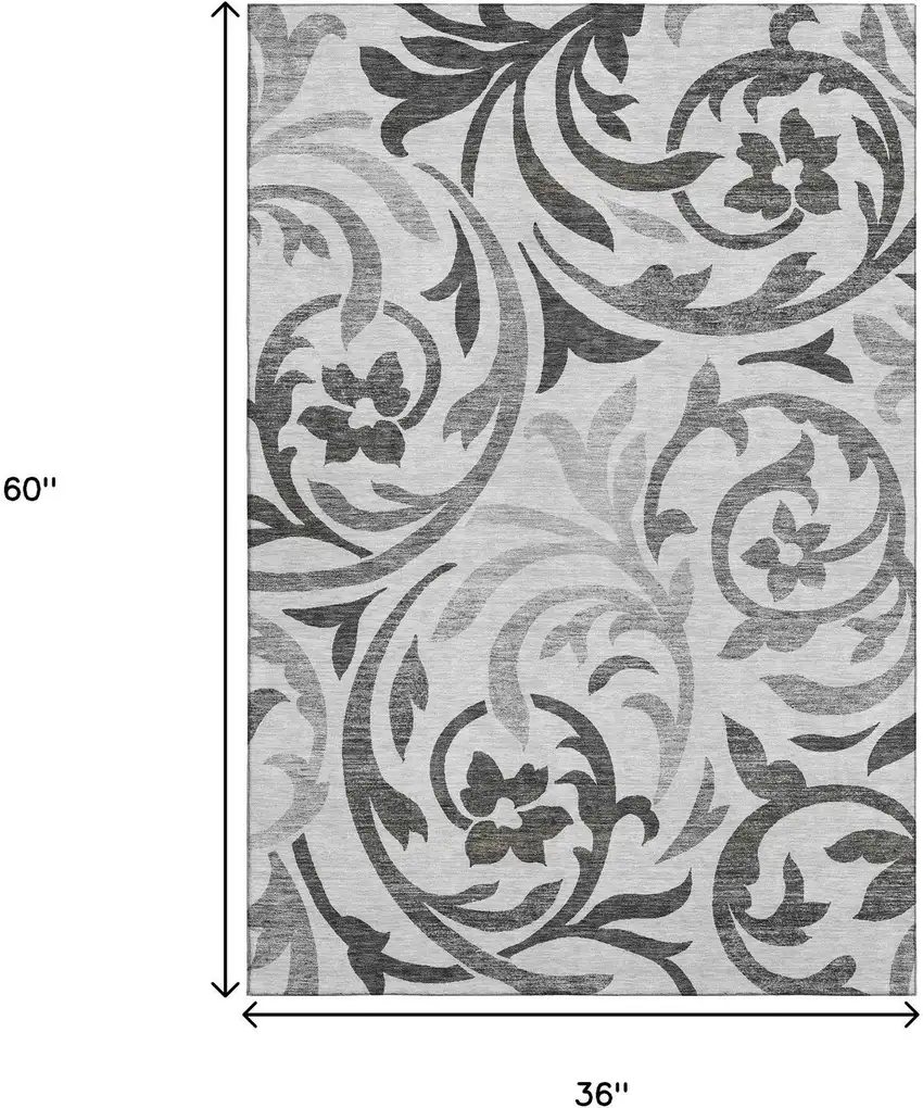 Gray Ivory And Silver Floral Washable Area Rug With UV Protection Photo 3