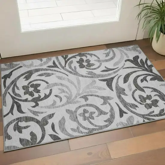 Gray Ivory And Silver Floral Washable Area Rug With UV Protection Photo 1