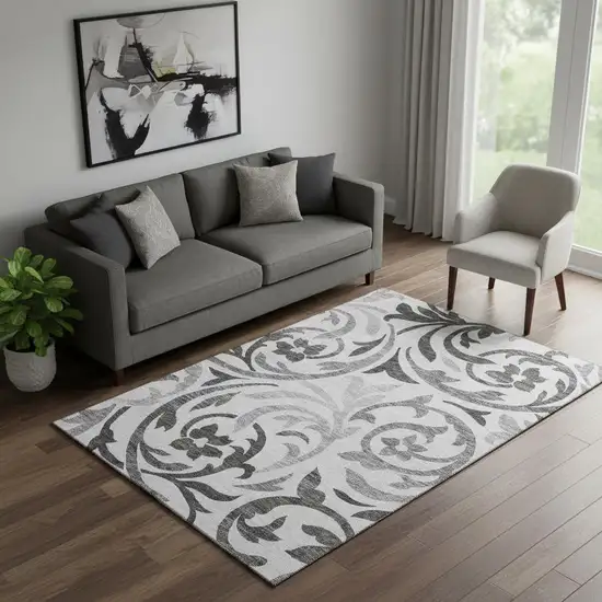Gray Ivory And Silver Floral Washable Area Rug With UV Protection Photo 1
