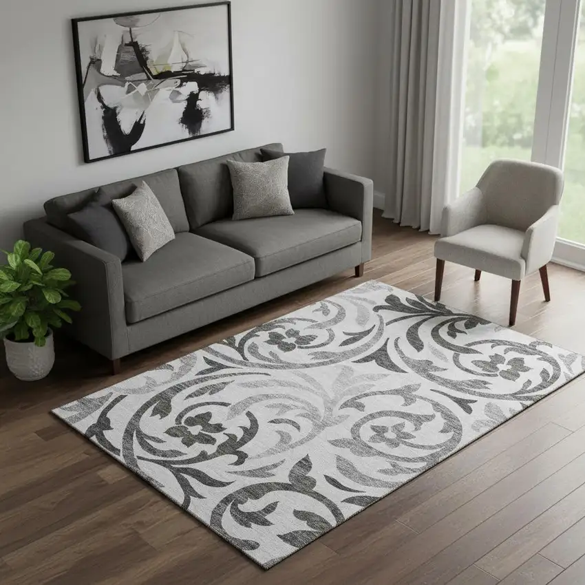 Gray Ivory And Silver Floral Washable Area Rug With UV Protection Photo 1