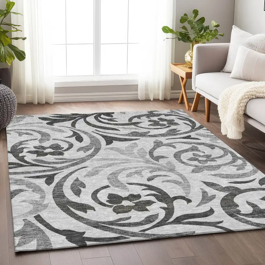 Gray Ivory And Silver Floral Washable Area Rug With UV Protection Photo 5