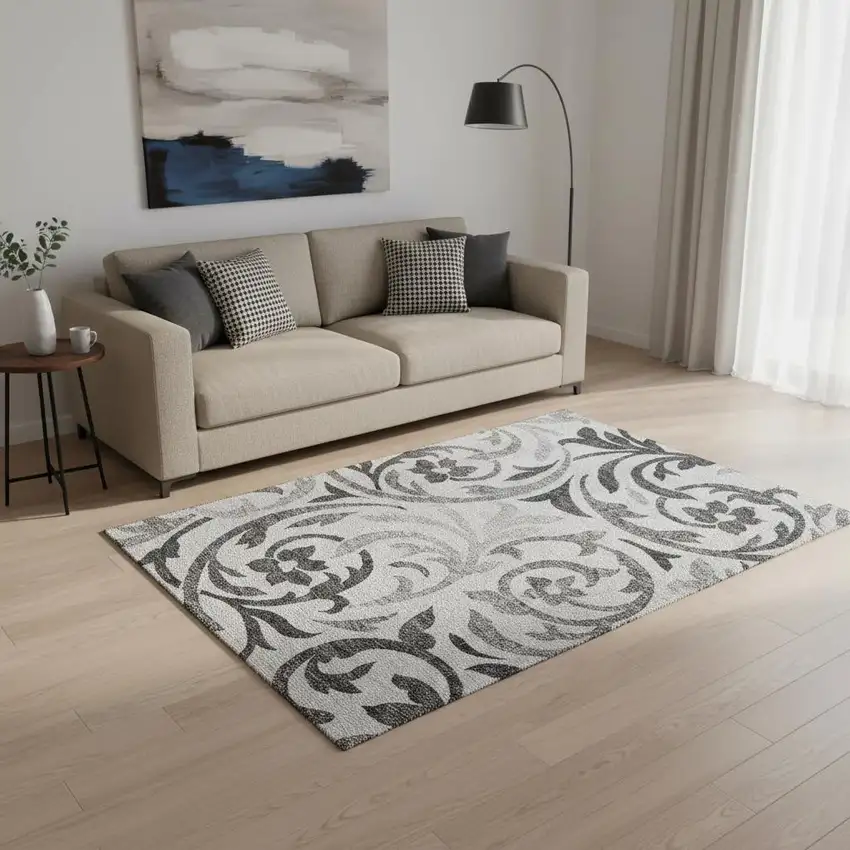 Gray Ivory And Silver Floral Washable Area Rug With UV Protection Photo 2