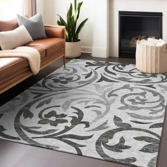 Gray Ivory And Silver Floral Washable Area Rug With UV Protection Photo 6