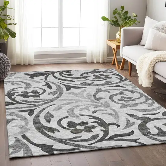 Gray Ivory And Silver Floral Washable Area Rug With UV Protection Photo 5
