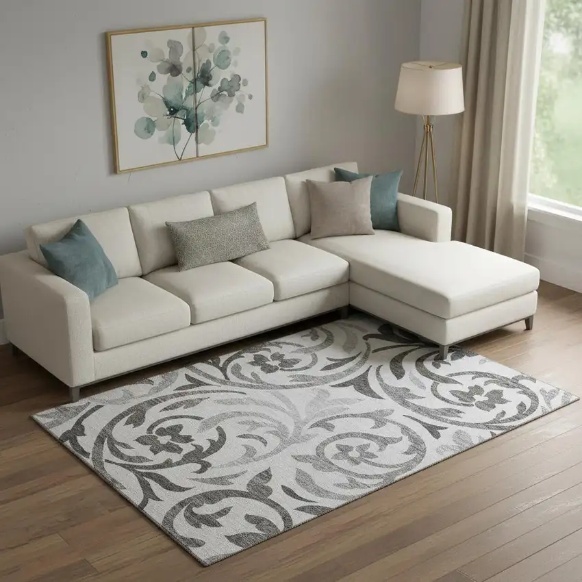 Gray Ivory And Silver Floral Washable Area Rug With UV Protection Photo 1