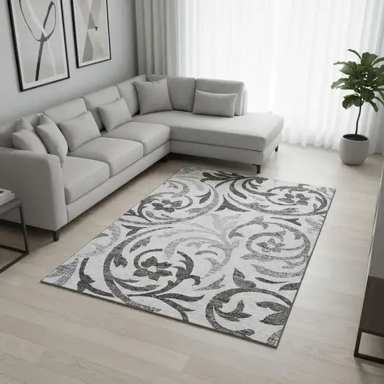 Gray Ivory And Silver Floral Washable Area Rug With UV Protection Photo 2