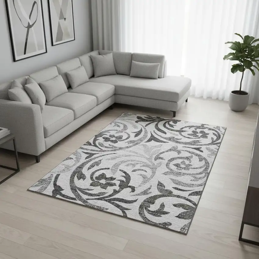 Gray Ivory And Silver Floral Washable Area Rug With UV Protection Photo 2