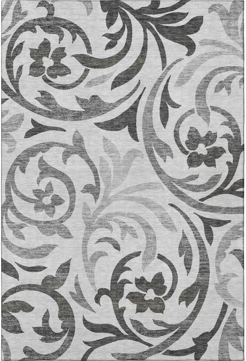 Gray Ivory And Silver Floral Washable Area Rug With UV Protection Photo 4