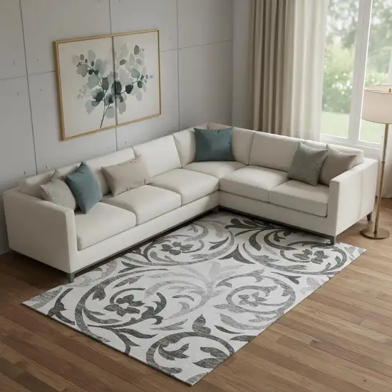 Gray Ivory And Silver Floral Washable Area Rug With UV Protection Photo 1