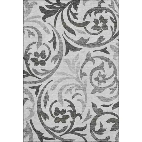 Gray Ivory And Silver Floral Washable Area Rug With UV Protection Photo 1