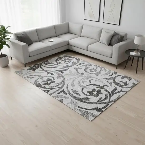 Gray Ivory And Silver Floral Washable Area Rug With UV Protection Photo 2