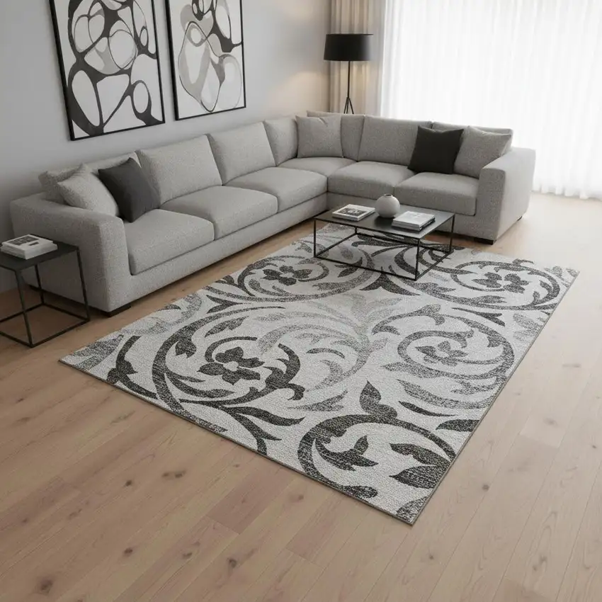 Gray Ivory And Silver Floral Washable Area Rug With UV Protection Photo 2