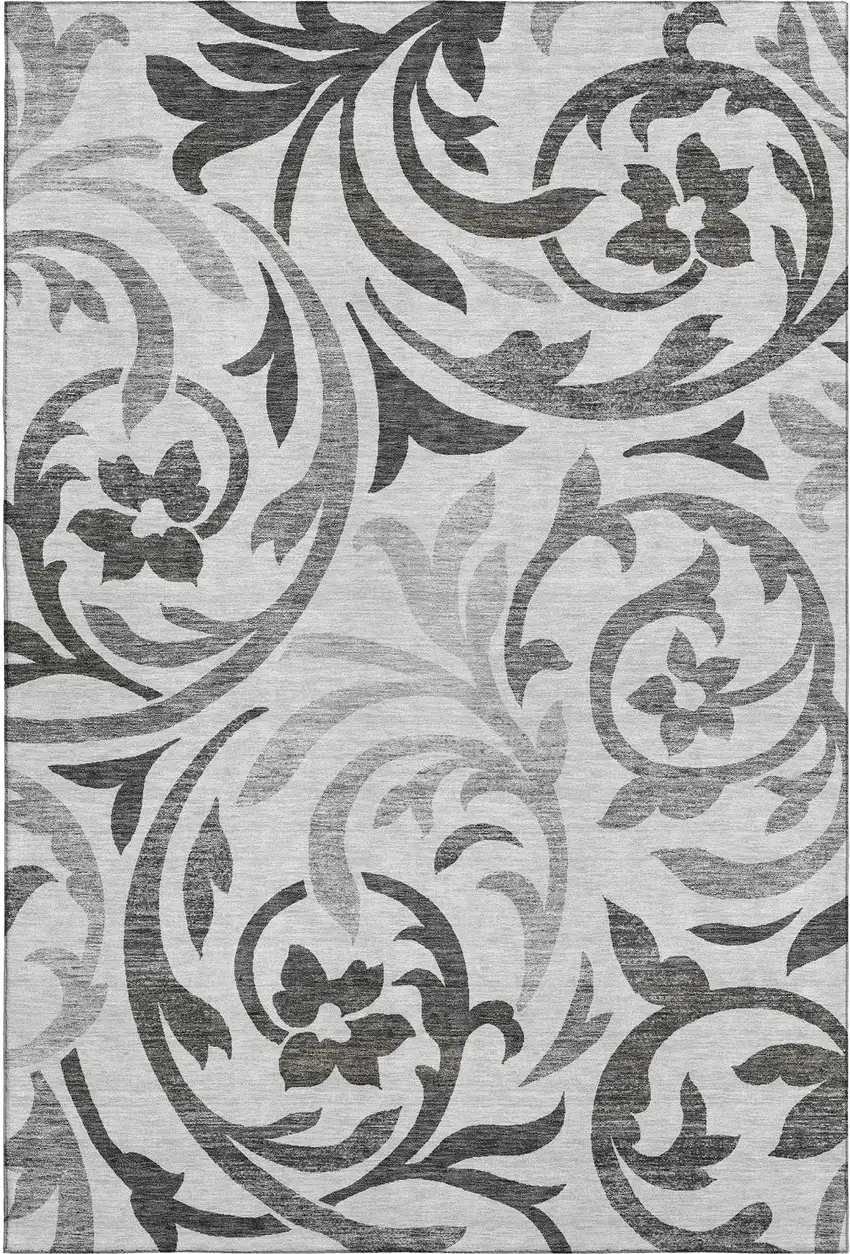 Gray Ivory And Silver Floral Washable Area Rug With UV Protection Photo 1